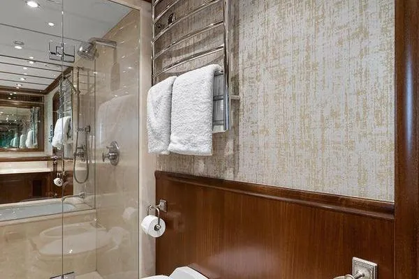 Batavia Yacht Photos Pics Luxurious bathroom on 2003 Richmond Yachts 135 Motor Yacht with glass shower and towel rack.