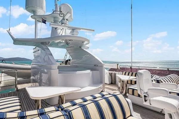 Batavia Yacht Photos Pics Luxurious 2003 Richmond Yachts 135 Motor Yacht with elegant outdoor seating and ocean view.