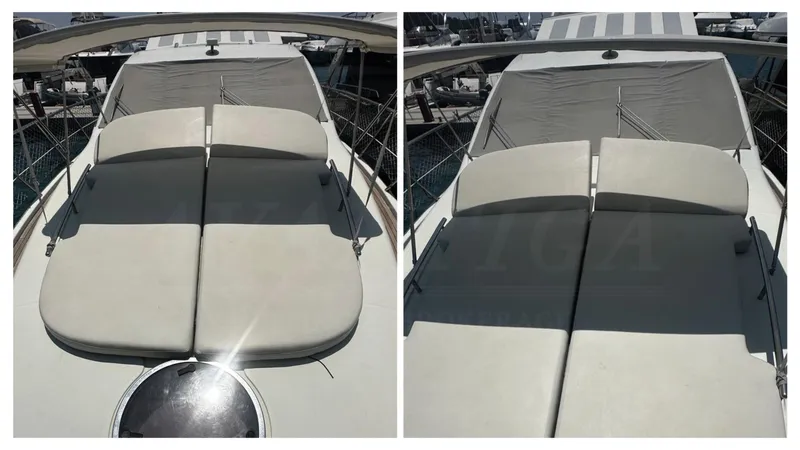  Yacht Photos Pics 2009 Azimut 68S yacht with sunbathing cushions on deck, docked at marina.