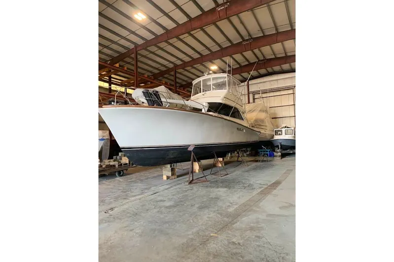  Yacht Photos Pics 1989 Ocean Yachts 44 Super Sport Custom in storage, showcasing sleek design and craftsmanship.