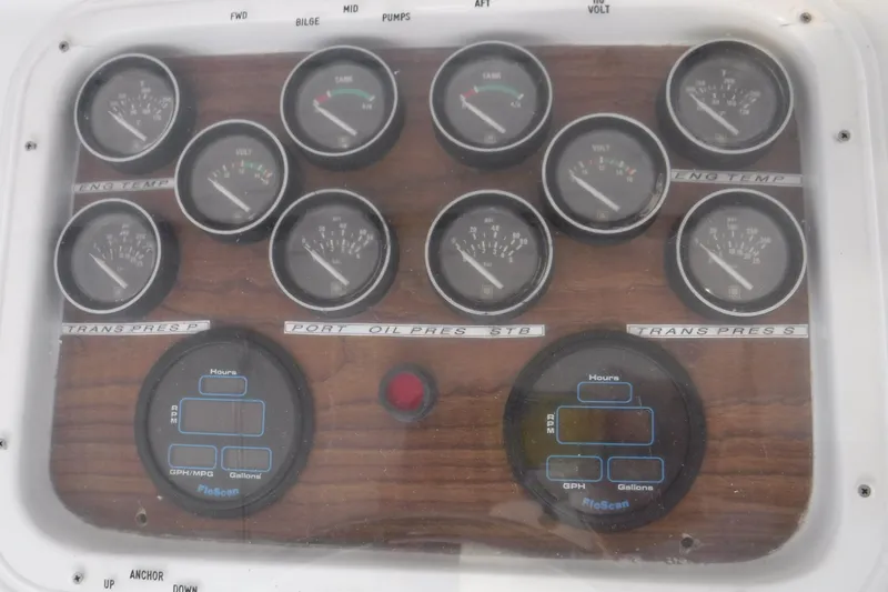  Yacht Photos Pics Dashboard of 1989 Ocean Yachts 44 Super Sport Custom with gauges and indicators.