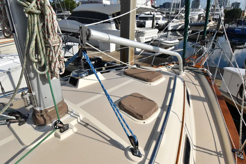 Promises Yacht Photos Pics 1998 Island Packet 350 sailboat deck with rigging and marina view.