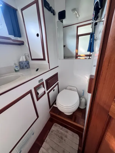 Xanadu Yacht Photos Pics 2006 DeFever Pilothouse bathroom with toilet, sink, mirror, and wooden accents.