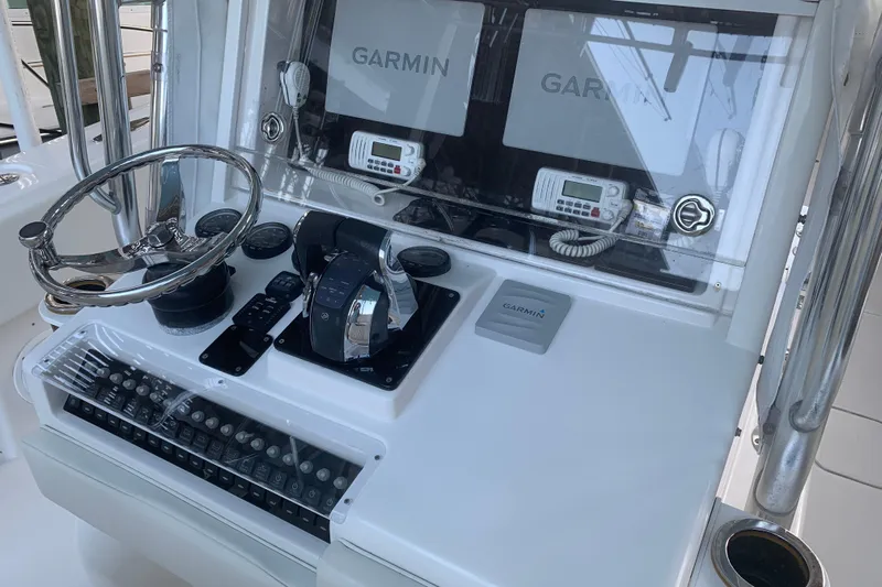  Yacht Photos Pics Control panel of 2008 Invincible 36 CC boat with Garmin navigation systems.