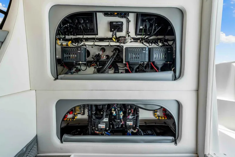  Yacht Photos Pics Electrical panel of 2021 Nor-Tech 390 SS boat, showcasing wiring and components.