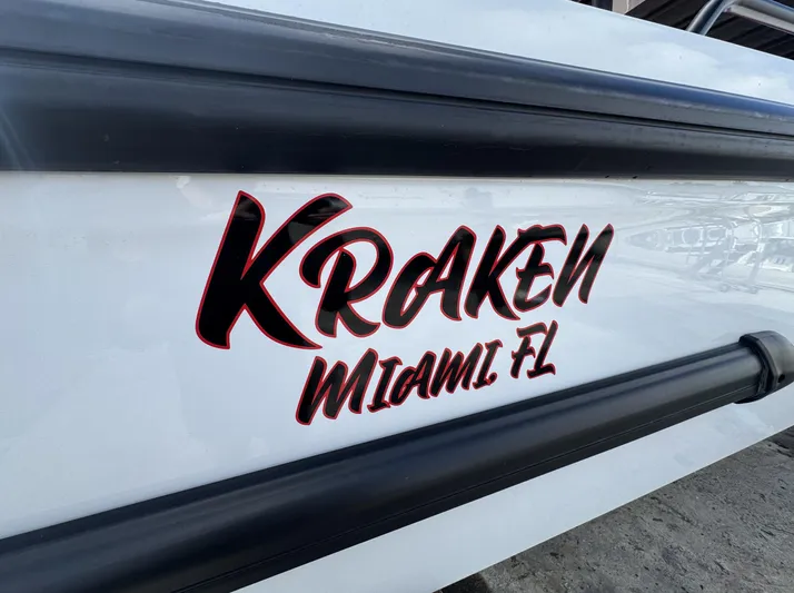 Kraken Yacht Photos Pics 2023 BRABUS Shadow 900 boat with "Kraken Miami, FL" lettering on the side.