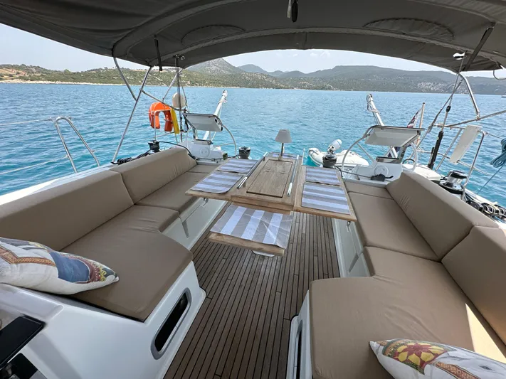 Nick Of Time III Yacht Photos Pics Spacious deck of 2015 Beneteau Oceanis 55 yacht with comfortable seating and scenic ocean view.