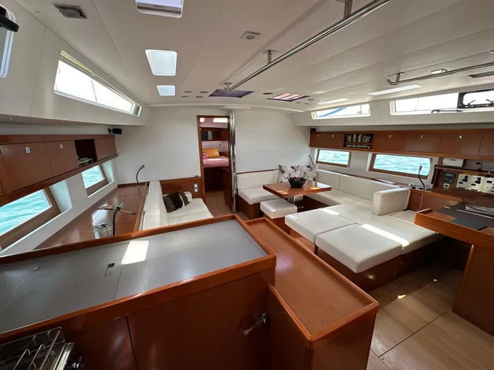 Nick Of Time III Yacht Photos Pics Luxurious interior of 2015 Beneteau Oceanis 55 yacht with modern furnishings and ample natural light.