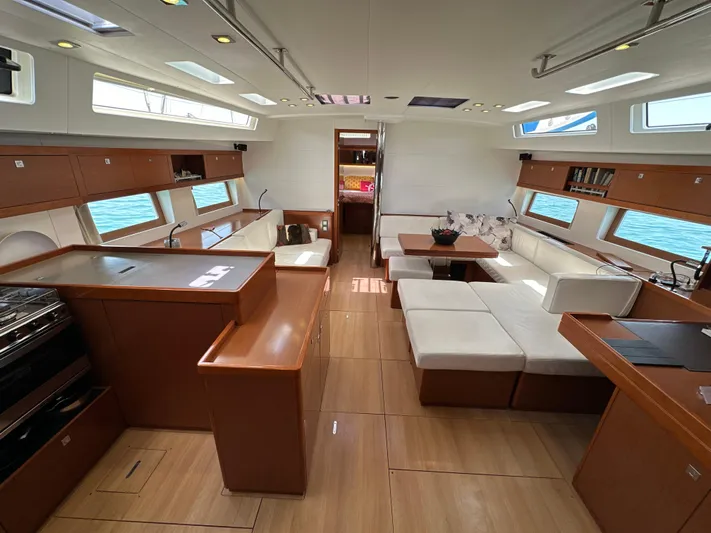 Nick Of Time III Yacht Photos Pics Luxurious interior of 2015 Beneteau Oceanis 55 yacht with modern furnishings and ample natural light.