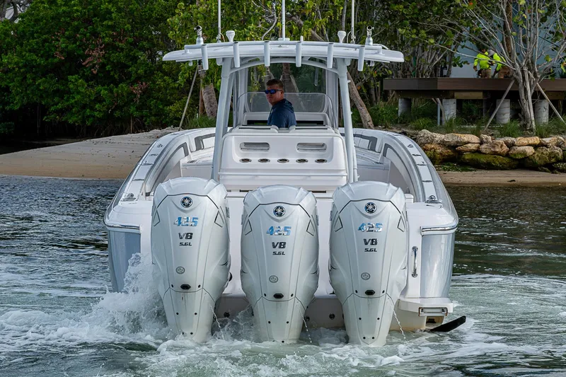  Yacht Photos Pics 2019 Intrepid 407 Nomad FE boat with triple Yamaha 425 V8 engines on water.