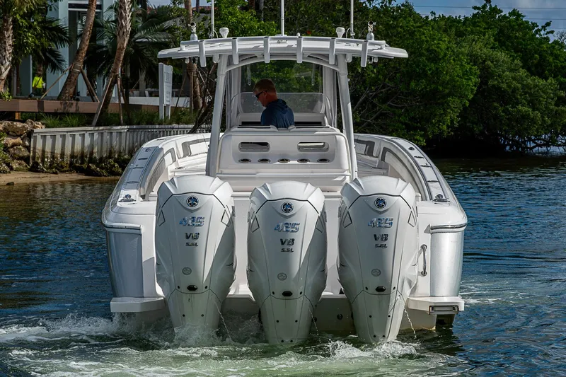  Yacht Photos Pics 2019 Intrepid 407 Nomad FE boat with triple Yamaha 425 V8 engines on water.