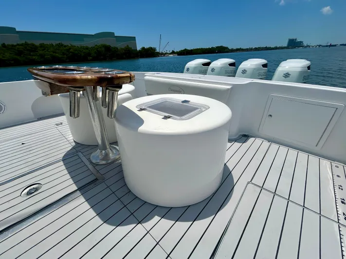 Highly Migratory Yacht Photos Pics 2017 Chesapeake 53 Center Console boat deck with seating and multiple outboard engines.