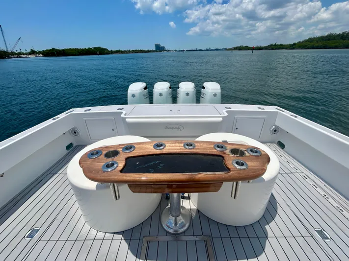 Highly Migratory Yacht Photos Pics 2017 Chesapeake 53 Center Console boat with sleek deck and fishing rod holders.