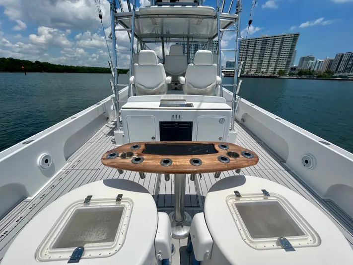 Highly Migratory Yacht Photos Pics 2017 Chesapeake 53 Center Console boat with seating, rod holders, and city skyline in background.