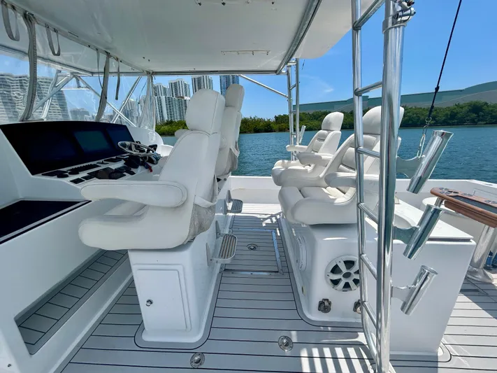 Highly Migratory Yacht Photos Pics 2017 Chesapeake 53 Center Console boat interior with white seating and modern controls.