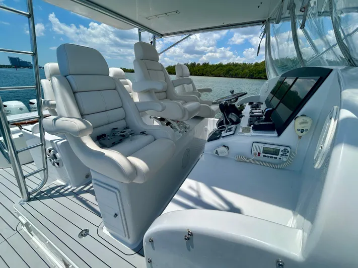 Highly Migratory Yacht Photos Pics Luxurious 2017 Chesapeake 53 Center Console boat interior with plush seating and advanced controls.