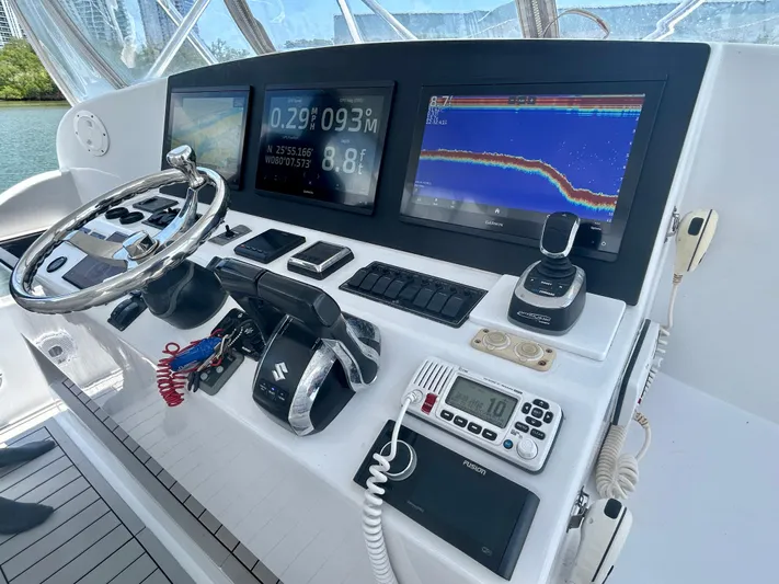 Highly Migratory Yacht Photos Pics Control panel of 2017 Chesapeake 53 Center Console with navigation screens and instruments.