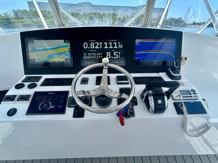 Highly Migratory Yacht Photos Pics Helm of 2017 Chesapeake 53 Center Console with navigation screens and controls.