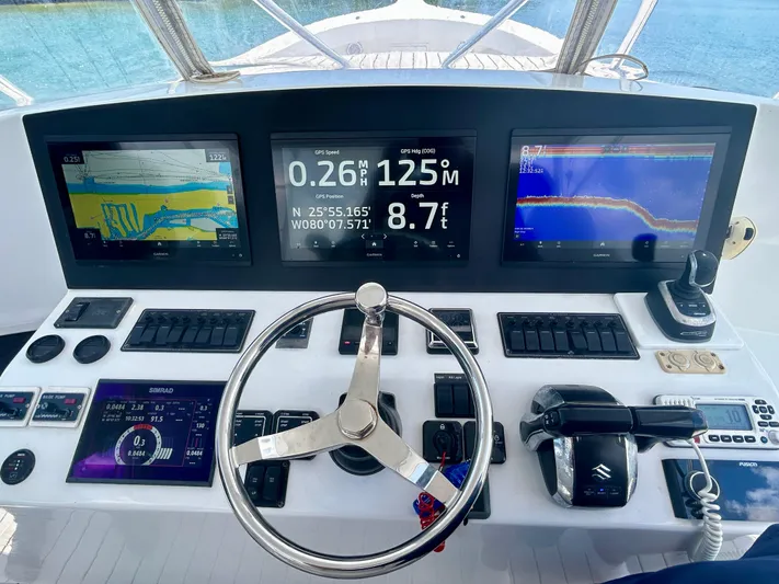 Highly Migratory Yacht Photos Pics Control panel of a 2017 Chesapeake 53 Center Console boat with navigation screens.