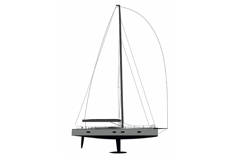 Manticore Yacht Photos Pics Side view illustration of a 2019 Mylius 60 sailboat, showcasing sleek design and modern features.