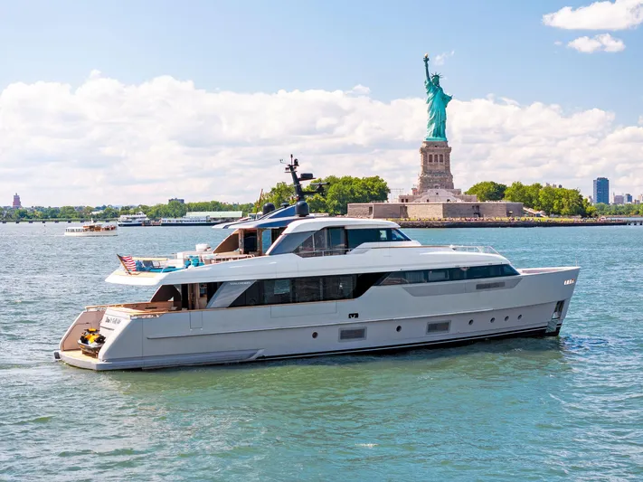 Don't Tell Mom Yacht Photos Pics Sanlorenzo SD96 yacht cruising near the Statue of Liberty, 2021 model.
