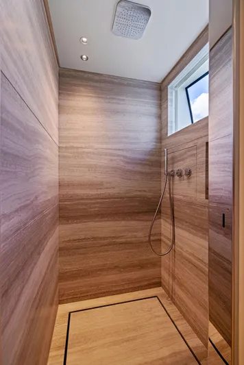 Don't Tell Mom Yacht Photos Pics Luxurious wooden shower interior on Sanlorenzo SD96 yacht, 2021 model.