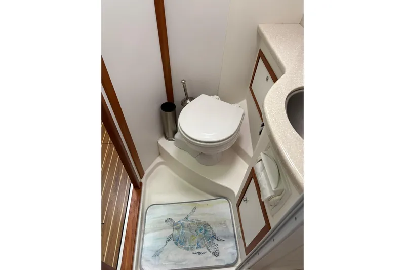  Yacht Photos Pics 2013 Back Cove 34 yacht bathroom with toilet, sink, and turtle-themed mat.