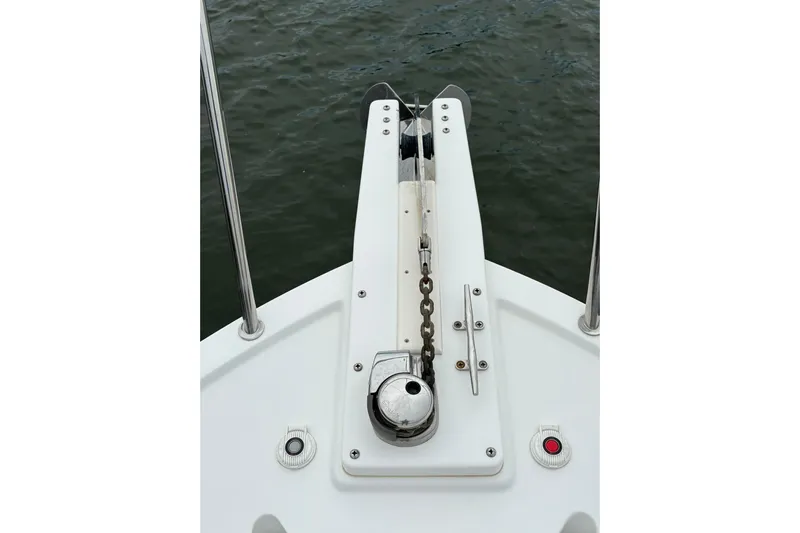  Yacht Photos Pics Bow of 2013 Back Cove 34 boat with anchor and winch system.