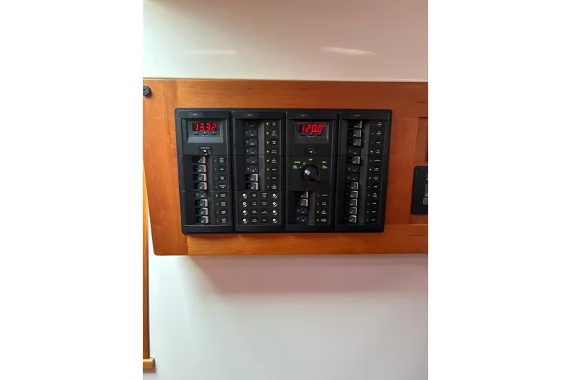  Yacht Photos Pics Electrical panel of a 2013 Back Cove 34 boat with digital displays and switches.