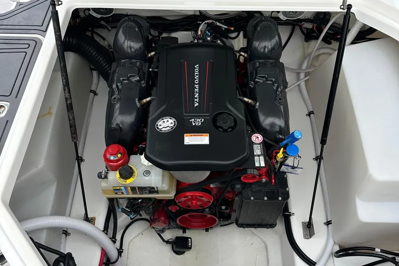  Yacht Photos Pics 2022 Cobalt R8 Surf engine compartment with Volvo Penta V8 engine.