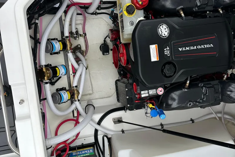  Yacht Photos Pics Engine compartment of a 2022 Cobalt R8 Surf boat with Volvo Penta engine.