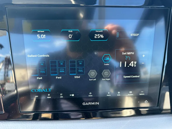  Yacht Photos Pics Garmin display on 2022 Cobalt R8 Surf boat showing speed and ballast controls.
