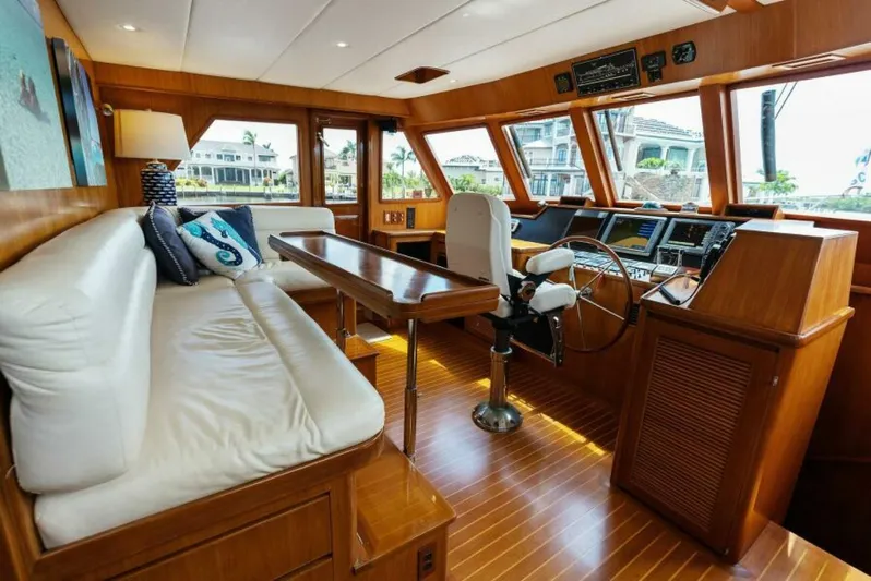 Orion II Yacht Photos Pics Luxurious 2001 Grand Alaskan 64 pilot house interior with plush seating and modern navigation equipment.