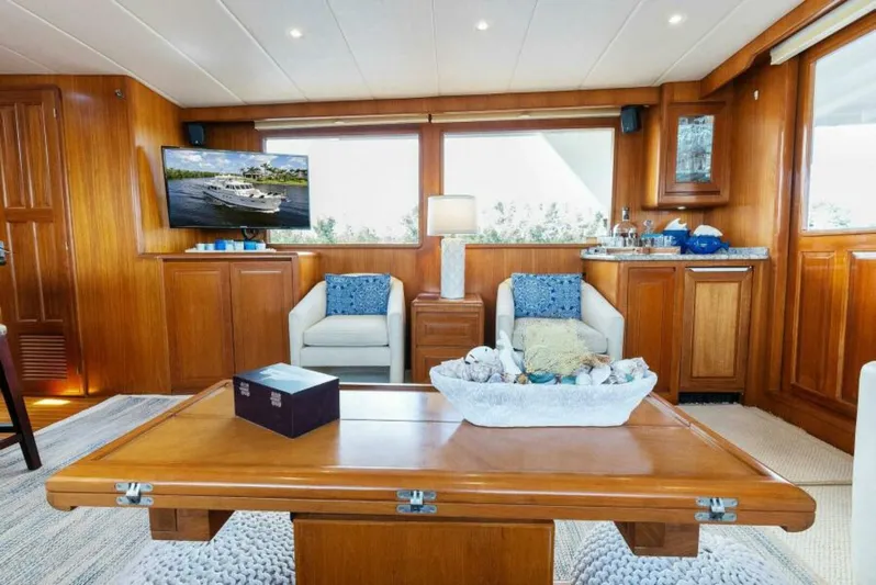 Orion II Yacht Photos Pics Luxurious 2001 Grand Alaskan 64 pilot house interior with elegant wood finishes and comfortable seating.