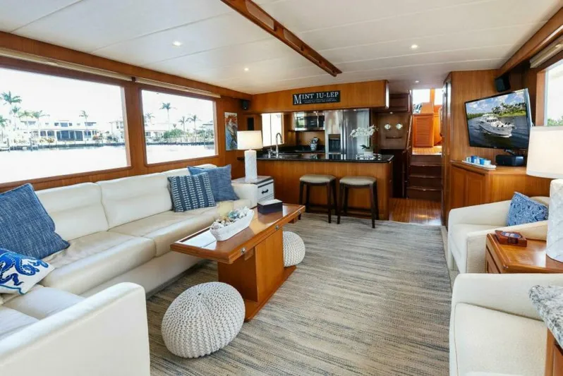 Orion II Yacht Photos Pics Luxurious interior of 2001 Grand Alaskan 64 Pilot House yacht with elegant seating and modern amenities.