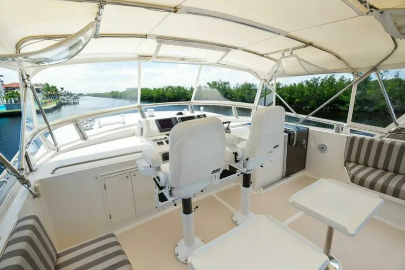 Orion II Yacht Photos Pics Interior of 2001 Grand Alaskan 64 Pilot House yacht with helm and seating area.