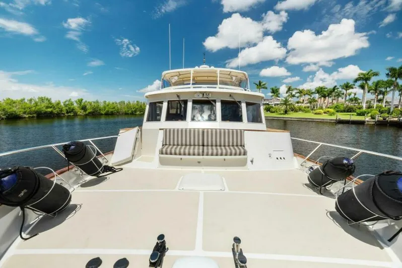 Orion II Yacht Photos Pics 2001 Grand Alaskan 64 Pilot House yacht on a sunny day, docked by lush greenery.