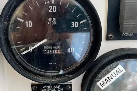  Yacht Photos Pics Close-up of Mainship Pilot 34 tachometer showing RPM and engine hours.