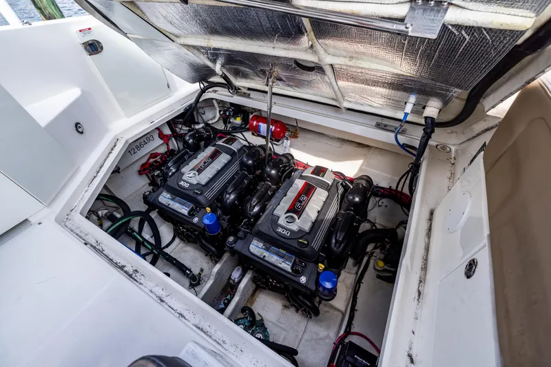  Yacht Photos Pics Engine compartment of a 2016 Sea Ray 310 Sundancer with twin engines visible.