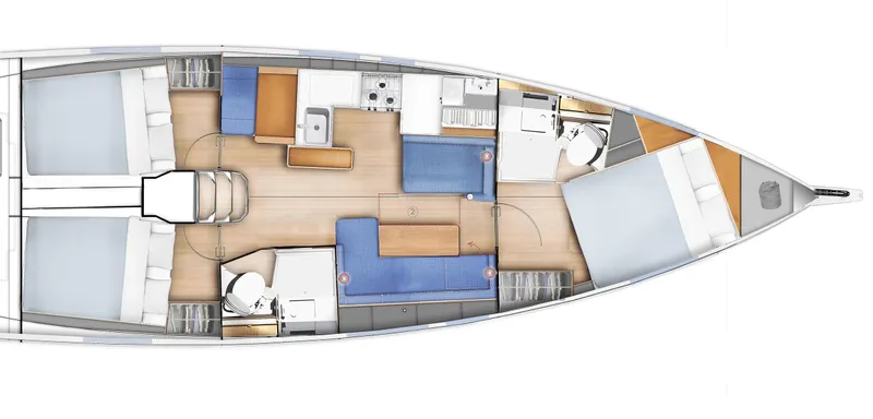  Yacht Photos Pics 2026 Jeanneau 410 yacht interior layout with cabins, kitchen, and seating areas.