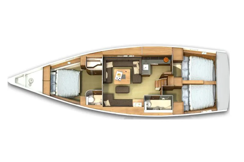 Animal Spirits Yacht Photos Pics Floor plan of a 2014 Hanse 445 yacht, featuring cabins and living areas.