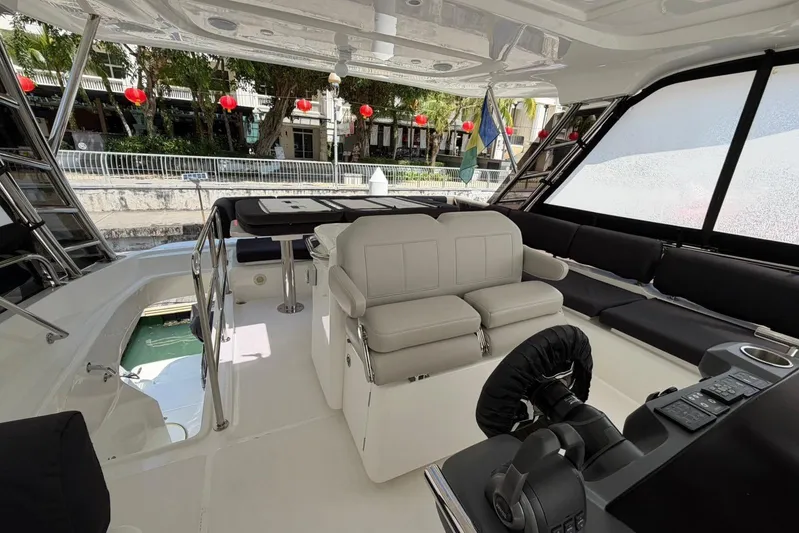 Superlux Yacht Photos Pics Interior of 2023 Aquila 42 Yacht with modern seating and control panel.