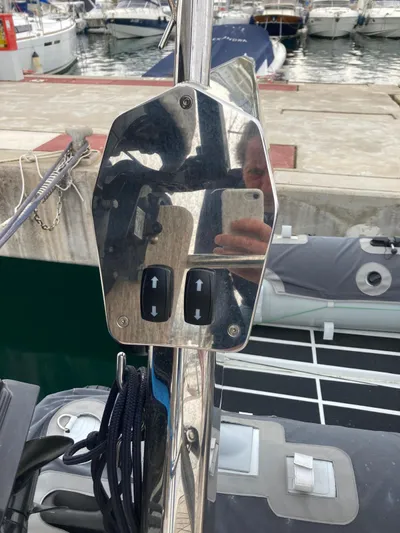 Morgan's Moon Yacht Photos Pics Control panel on a 2008 Hallberg-Rassy 43 sailboat at a marina.