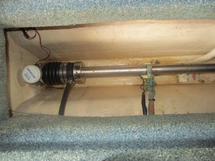 Charley's Tern Yacht Photos Pics 1998 Nordic Tug 32 propeller shaft and bilge area with wiring and components.