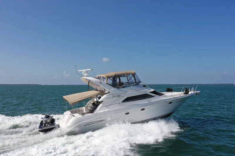 Livin' The Dream Yacht Photos Pics 2001 Sea Ray 450 Express Bridge yacht cruising on open water under clear blue sky.