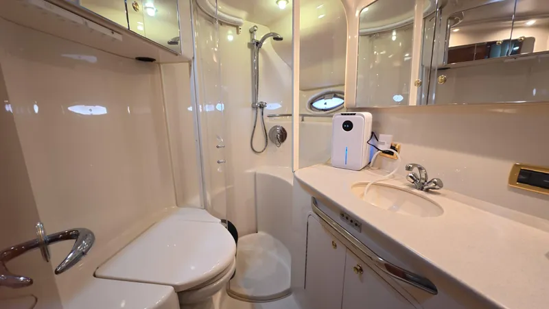 Livin' The Dream Yacht Photos Pics Luxurious bathroom in 2001 Sea Ray 450 Express Bridge yacht, featuring shower and vanity.