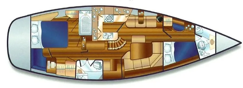  Yacht Photos Pics Floor plan of a 2005 Hunter 456 yacht, featuring cabins, kitchen, and living area.