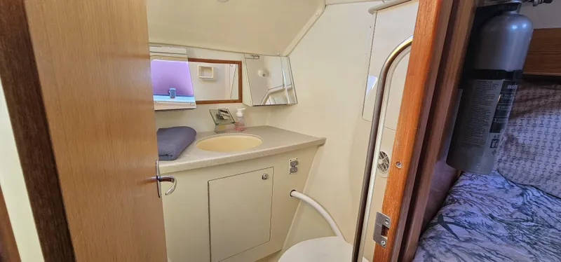  Yacht Photos Pics Compact bathroom in 2005 Hunter 456 yacht with sink, mirror, and storage.