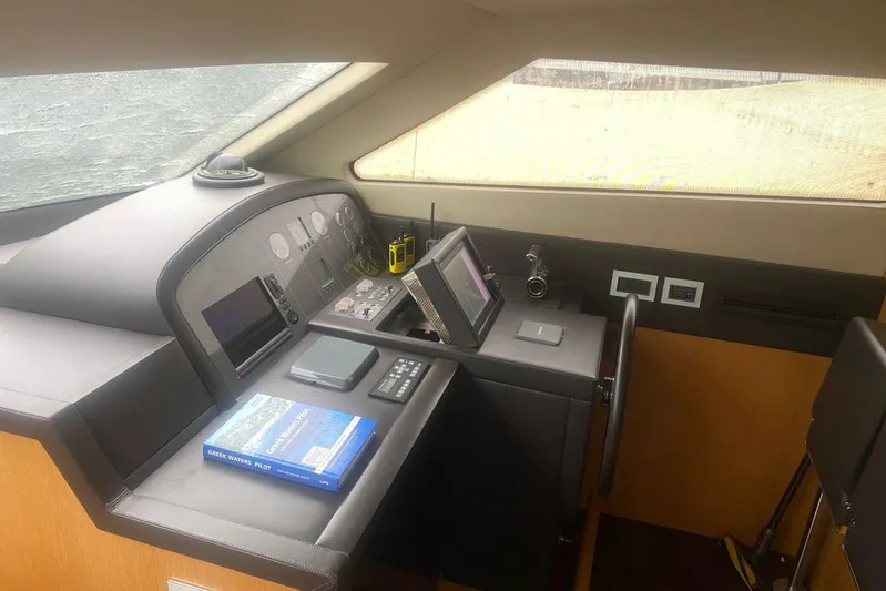  Yacht Photos Pics Helm of 2011 Sanlorenzo SL62 yacht with navigation equipment and guidebook.