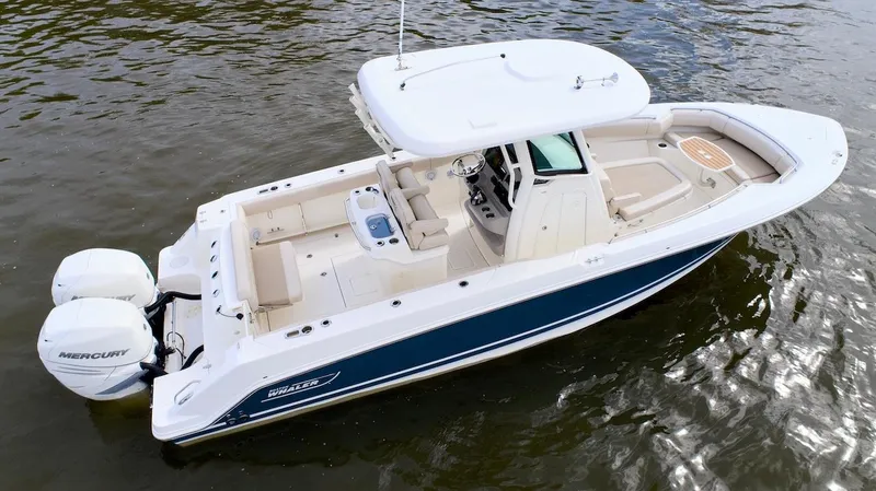 Best Opportunity Yacht Photos Pics 2017 Boston Whaler 280 Outrage boat with twin Mercury engines on water.